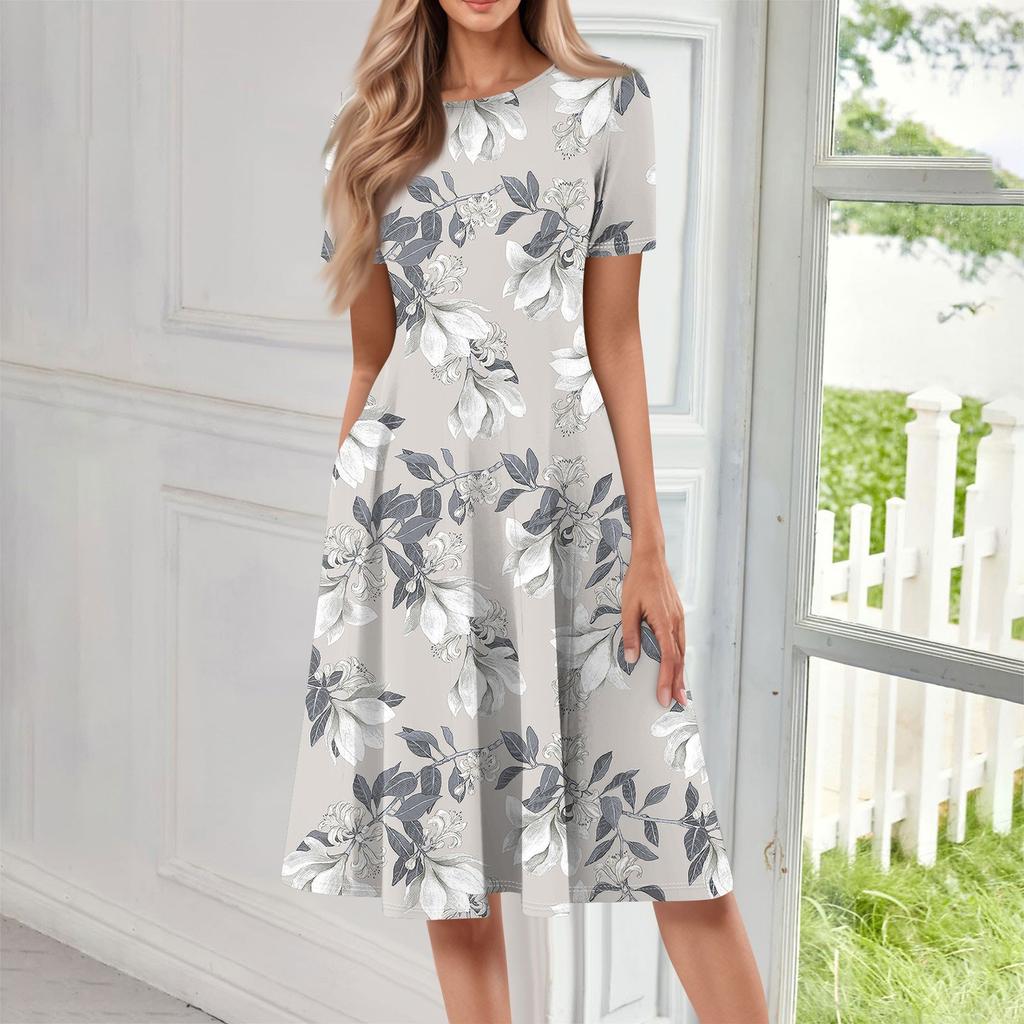 Women's Loose Casual And Fashionable Round Neck Short Sleeved Printed Mid Length Dress