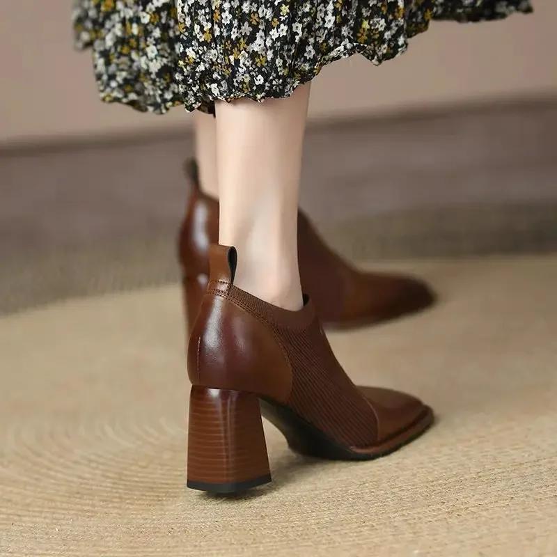 New Women Retro Naked Boots,Stretch Knitted Autumn Shoes,Slip on,Square High Heels Ankle Botas,Black,Brown.Dropship