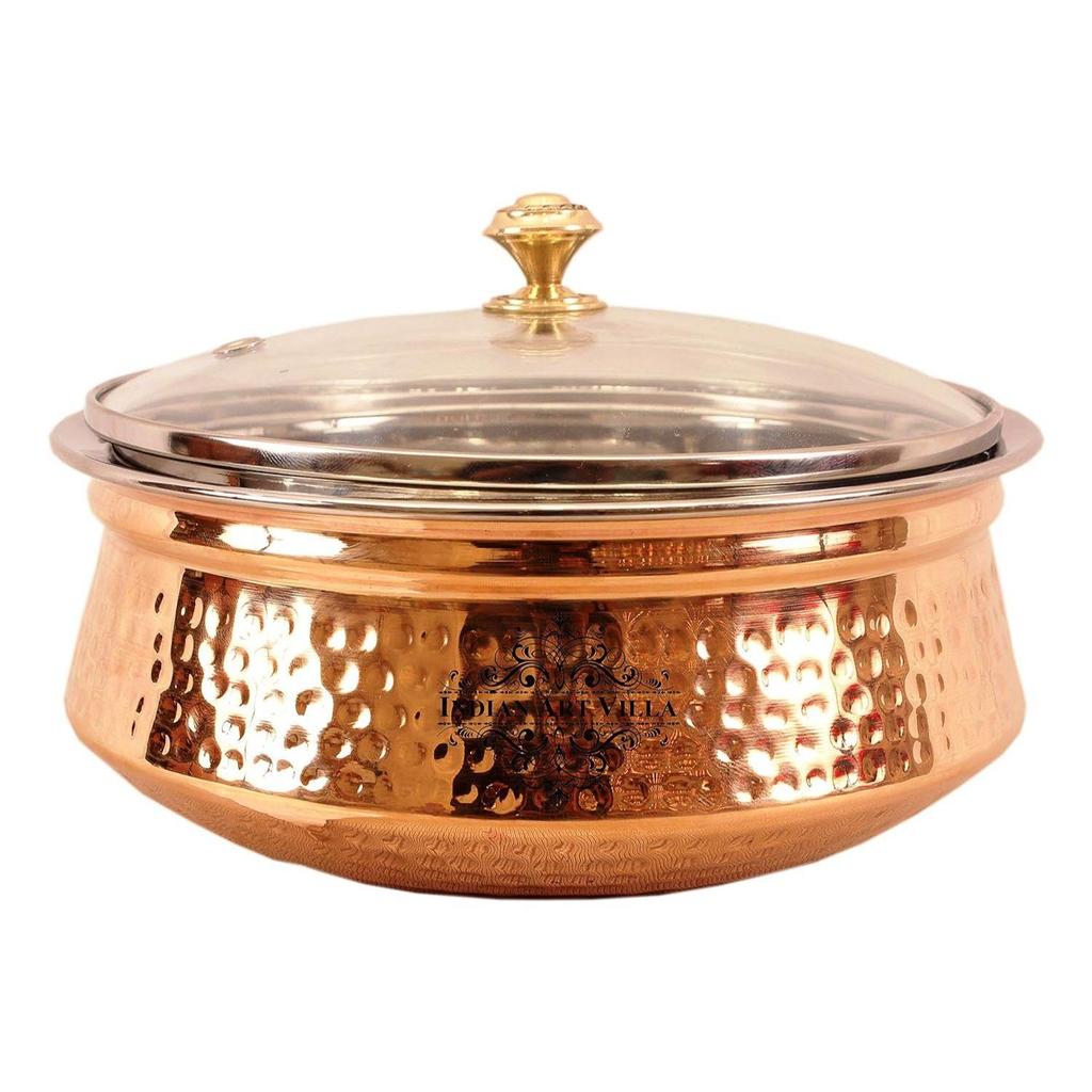 Hammered Steel Copper Casserole Donga Bowl With Glass Lid, Tableware & Serveware, 1350 Ml, Hammered, Polished