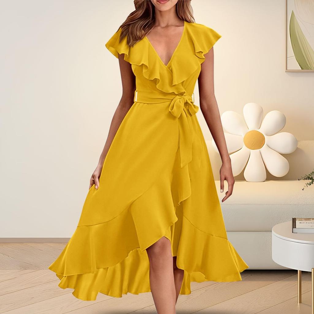 Women's Solid V-neck Short Sleeved Ruffled Edge Elegant Dress