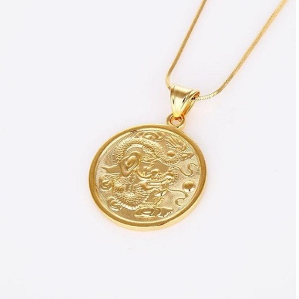 Мужская цепочка золотого цвета со зодиаком, круглые китайские ювелирные изделия, золотой кулон, ожерелье с драконом
