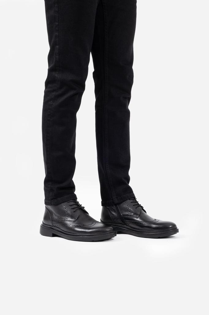 Men's Fashion Genuine Leather Thin Heeled Booties Black Lace-up Zippered Boots Shoes