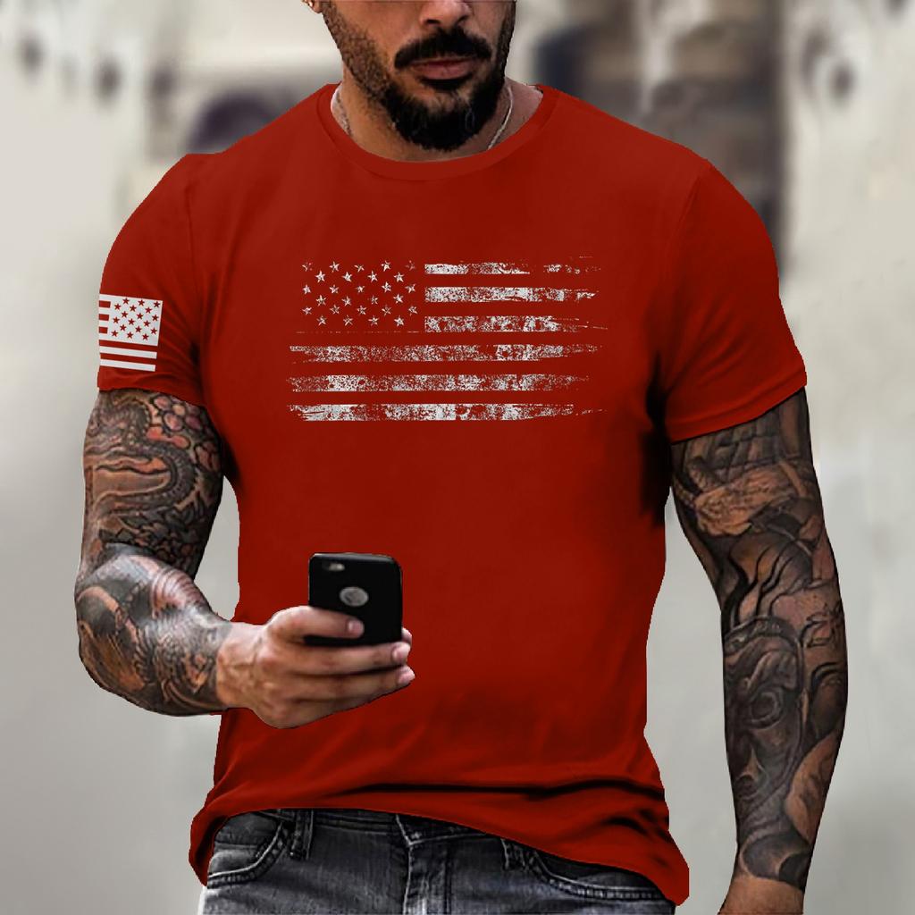Men's Fashion Casual Short Sleeve Round Neck Independence Day Flag T-Shirt Top
