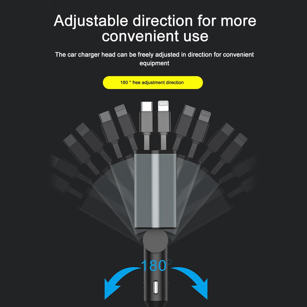 Автомобильное быстрое зарядное устройство 100 Вт PD+USB Type C с 2 выдвижными кабелями Зарядное устройство для телефона в автомобиль Вольтметр Адаптер питания 4 в 1 для iPhone iPad