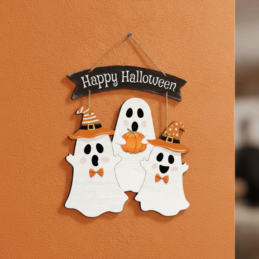 Cartoon Halloween Ghost Door Sign Wooden Door Hanging Haunted House Hanging Door Plate Farmhouse