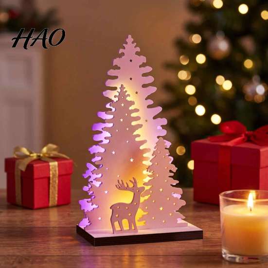Decorative Wooden Hollow Sculptures LED Christmas Tree Tabletop Decor, Glowing Light Up Eve Party Decorations Ornaments for Holiday And Festive