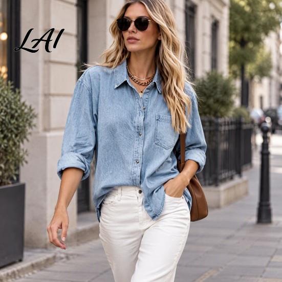 Long Sleeve Tops Women Denim Shirt Lapel Casual Coat Button Relaxed Fit Shirt Down Loose Tops Solid Color Autumn Coat Travel Clothing