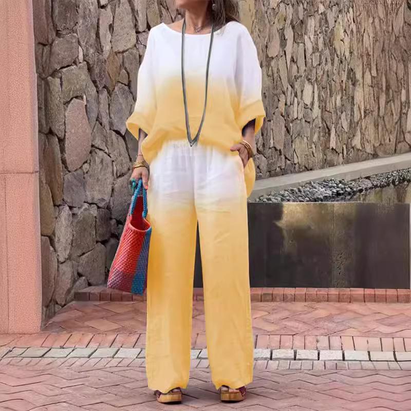 Женский комплект, модный топ из хлопка и льна с градиентом, топ с круглым вырезом с длинными рукавами и прямые брюки, комплект из двух предметов