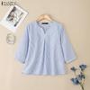 ZANZEA Women Casual V-Neck 3/4 Sleeve Loose Stripe Blouse