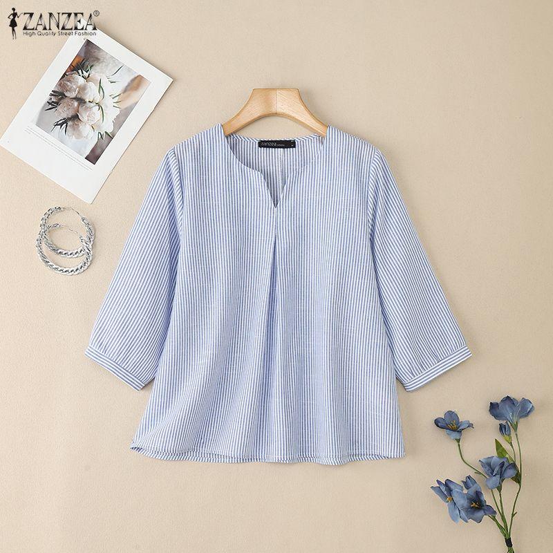 ZANZEA Women Casual V-Neck 3/4 Sleeve Loose Stripe Blouse