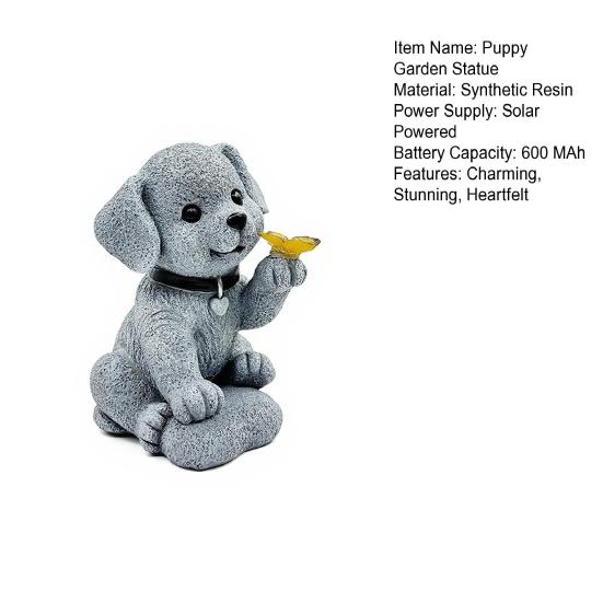 Garden Dog Statue with Solar Butterfly Light Small Resin Puppy Sculpture Outdoor Waterproof Solar Powered Animal Figurine for Yard Patio