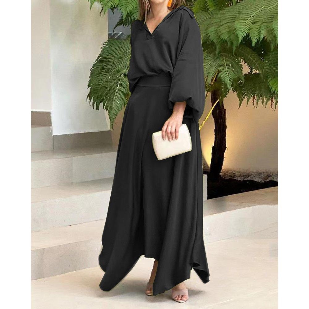 Женский летний свободный комплект из двух предметов большого размера, однотонный топ с длинными рукавами и юбкой средней длины с высокой талией