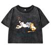 Kawaii Cartoons Cats Graphic Print Washed T Shirts Female Street Fashion T-Shirt Retro Tee Clothes Casual Cotton Top