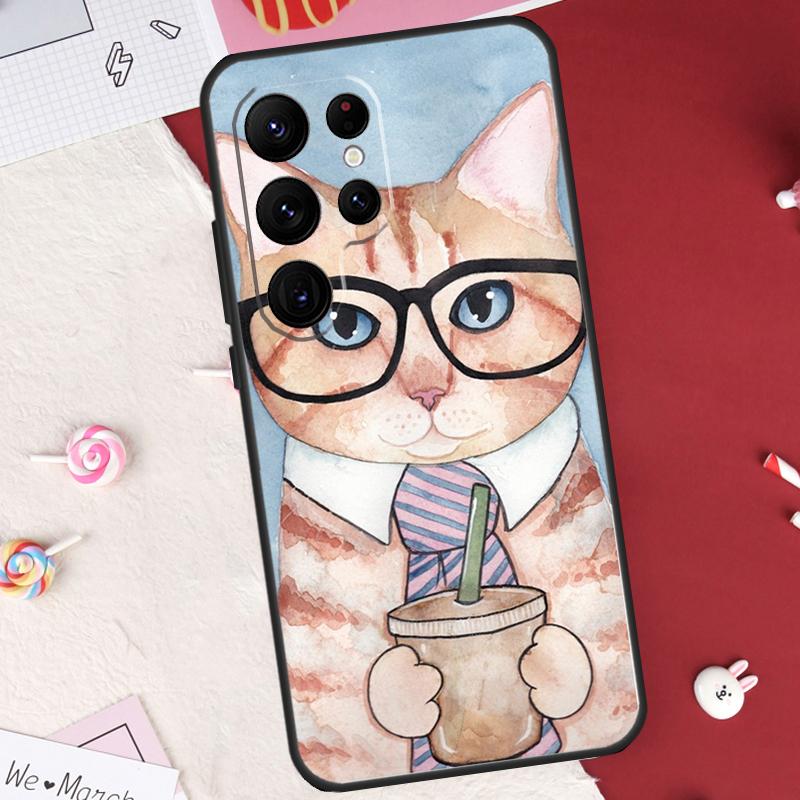 Милый Чехол-Кот с Кофе и Молоком Для Samsung Galaxy S25 FE S23 FE S20 S21 S22 S24 S25 S26 Ultra S10 S25 Plus Защитный Чехол