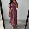 Summer Vintage Flower Printed Dress Women Elegant V-Neck Lace-up Womens Dress Fashion A Line Short Sleeve Dresses Vestido 28113