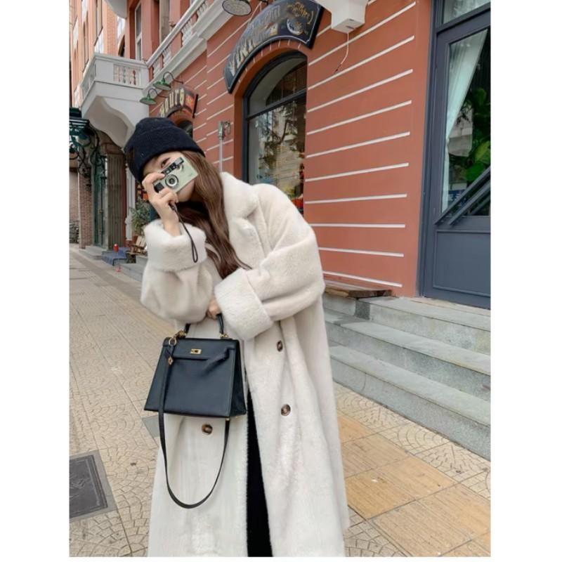 Women's Autumn and Winter Imitation Rabbit Fur Thick and Warm Temperament Long Coat, Long Sleeved One Collar Elegant Suit Coat