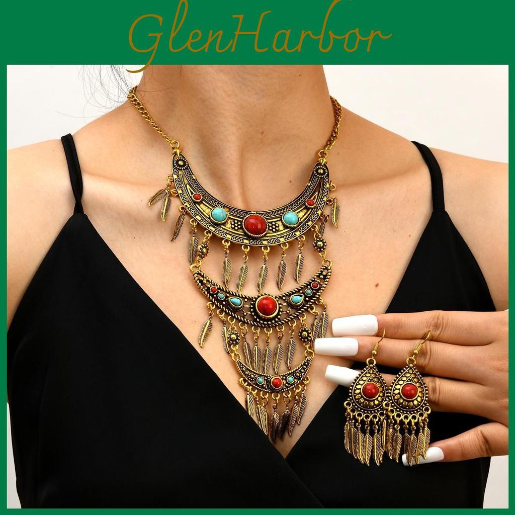 Ethnic Bohemian Necklace Earrings Style Set Multilayer Retro Fringed Leaf Hanfu Necklace Long Collarbone Chain