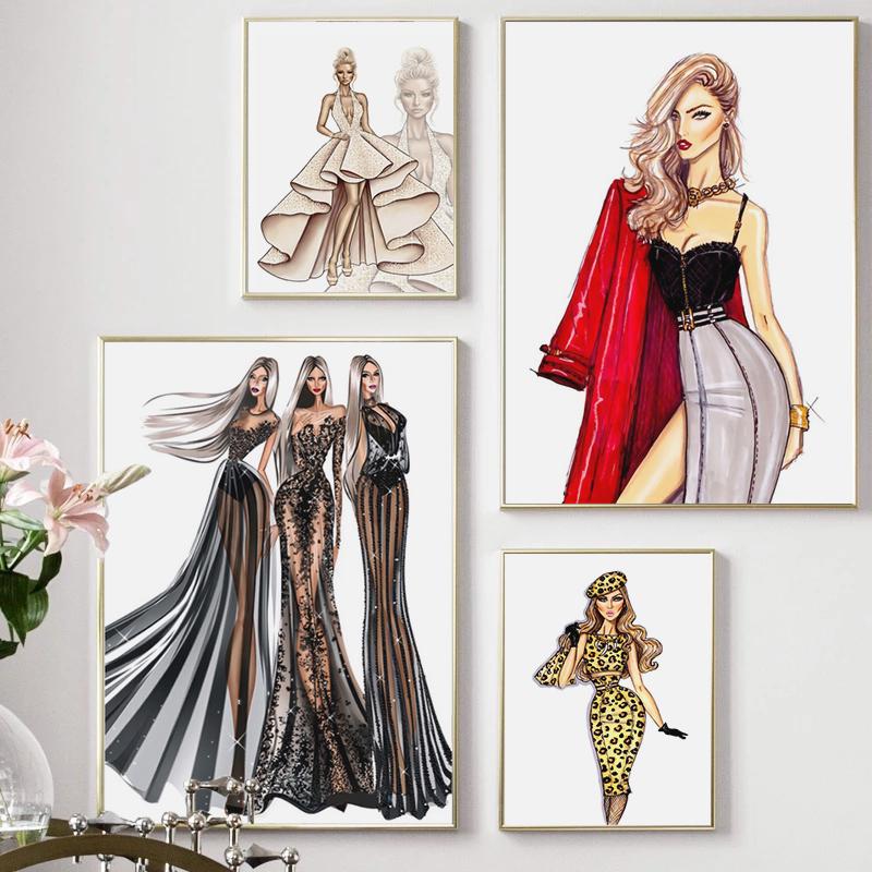 Современное модное платье для девочек, сумка, настенное искусство, скандинавская картина на холсте, домашние постеры, принты, настенные панно в Париже для декора гостиной