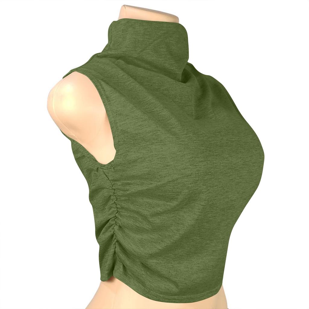 Women's Solid Color Semi-high-neck Sleeveless Vest Pleated  Top T-shirt