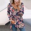 Women Autumn Floral Purple Rose Printed Long Sleeve T-Shirts Loose V-Neck Plus Size Tee Shirt Tops Comfy Blouse