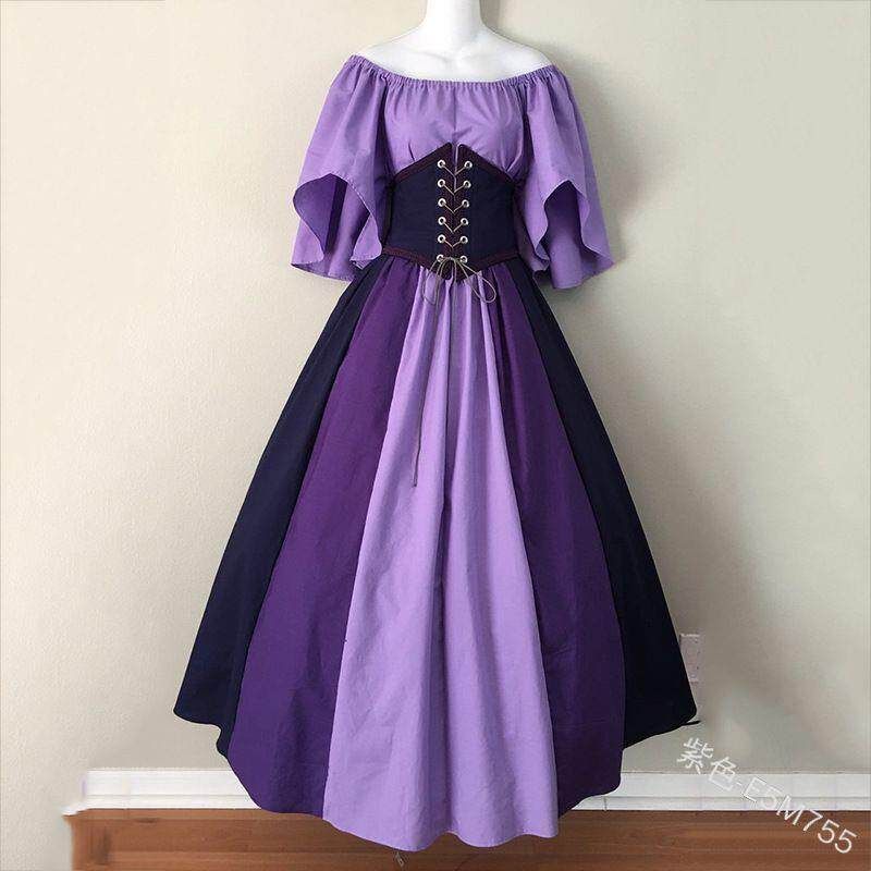 European and American Style Off-Shoulder Dress for Women, Medieval Retro Color-Blocking with Flutter Sleeves, Tie-Waist, and Large Hem Skirt