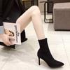 Роскошные женские черные сапоги-носки из флока на шпильках, тонкие, высокие каблуки, эластичные вязаные сапоги, зимние ботильоны из эластичной ткани