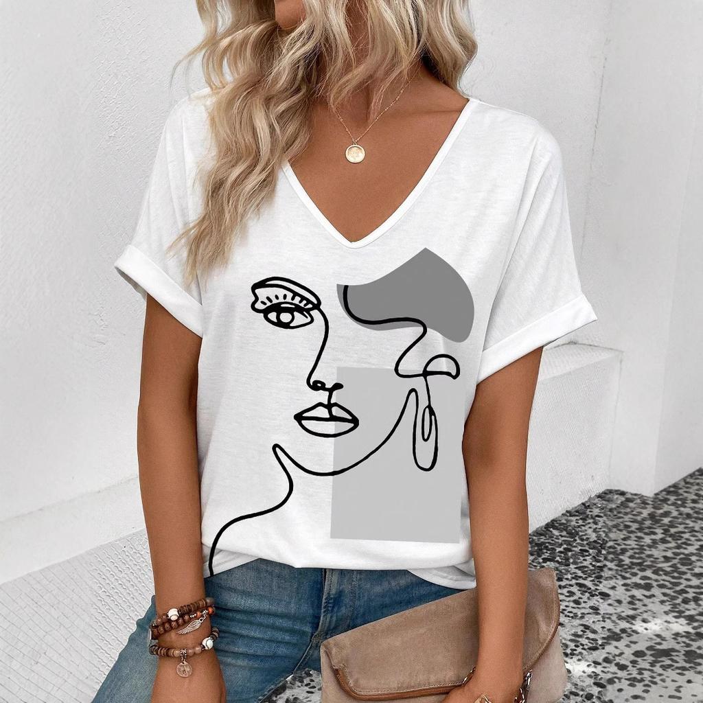 Винтажная женская футболка с принтом лица, с коротким рукавом, с V-образным вырезом, топы, удобные футболки
