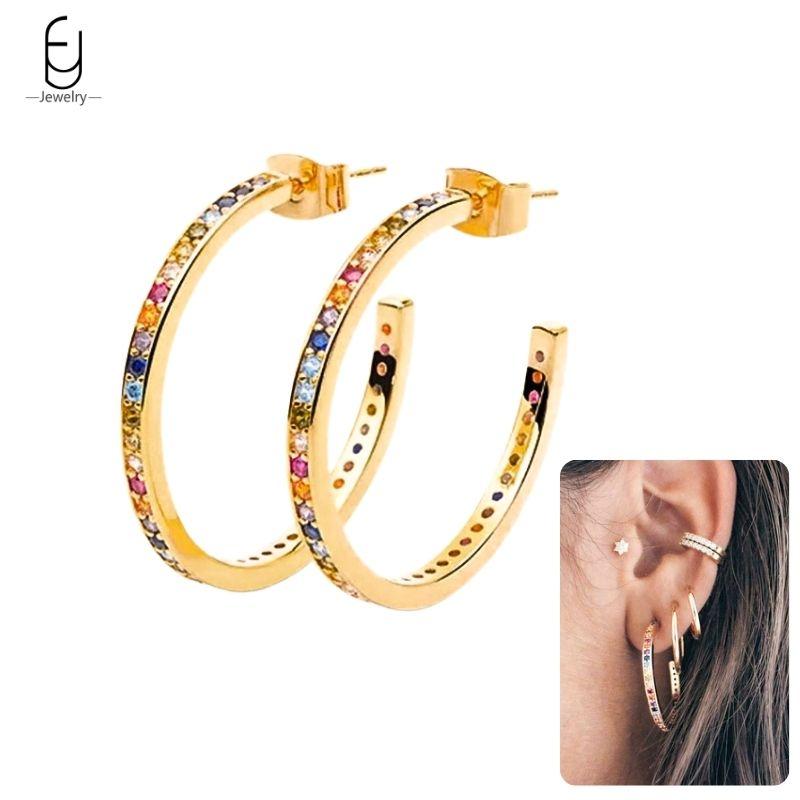 925 Sterling Silver Ear Needle Fashion Hoop Earrings Colorful Crystal Pendants Gold Earring Premium Luxury Women's Jewelry Gift