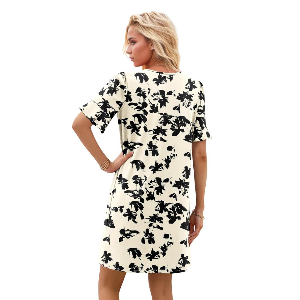 Летние платья для женщин с V-образным вырезом, оборками и коротким рукавом, повседневное свободное платье с принтом, пляжное платье с карманами