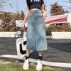 Women's High-Waist Denim A-Line Skirt with Pockets and Slit - Retro Mid-Length Design
