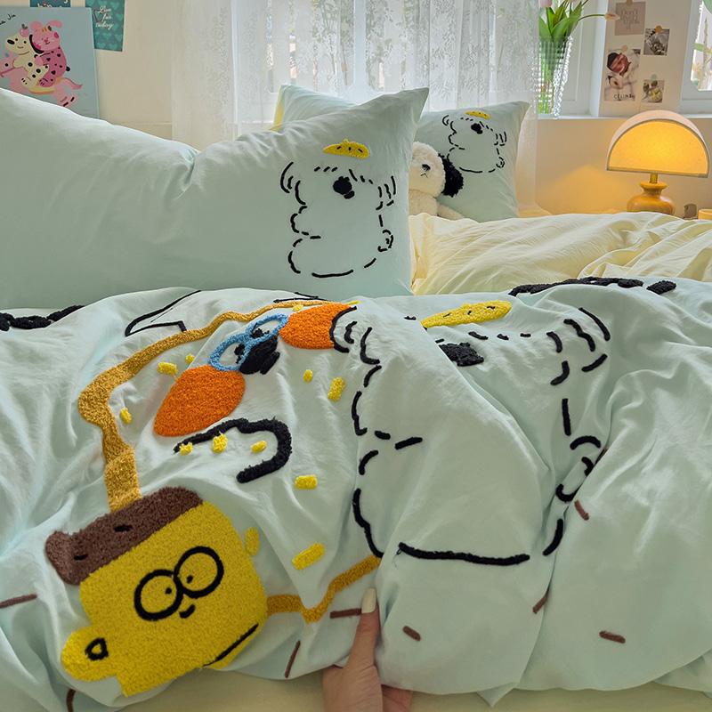 Cartoon Animal Embroidery Bedding Set For Adults Kids Cute Flat Fitted Sheet With Pillowcases Washed Cotton Colorful Full Size