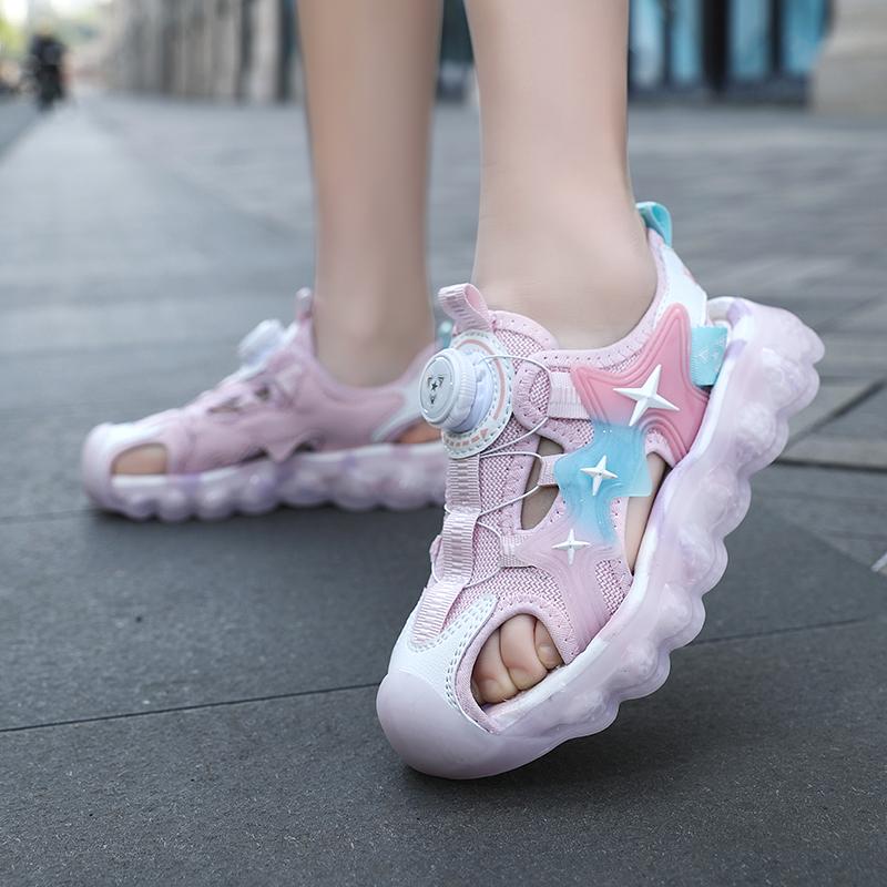 Летние детские сандалии с закрытым носком Rotary Button, пляжная обувь для девочек, спортивные пляжные сандалии