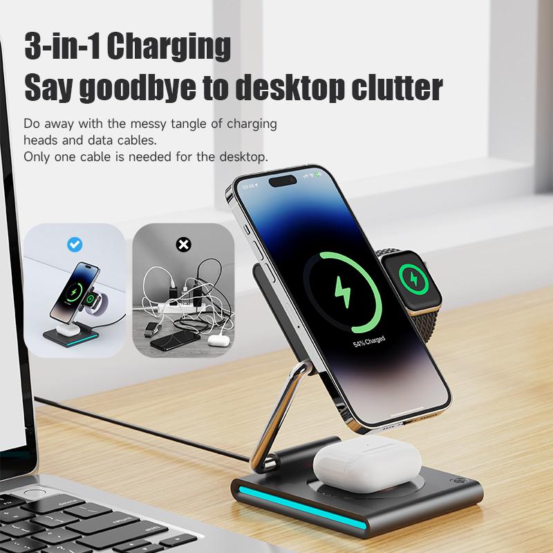 Складное беспроводное зарядное устройство RGB для iPhone 15, 14, 13, 12 Pro, светодиодная док-станция для Apple Watch S9 Ultra 2, держатель для AirPods Pro iWatch