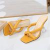 Summer Women 9cm High Heels Mules Slides Square Toe Transparent Crystal Heel Slippers Lady Fetish Flip Flops Yellow Shoes