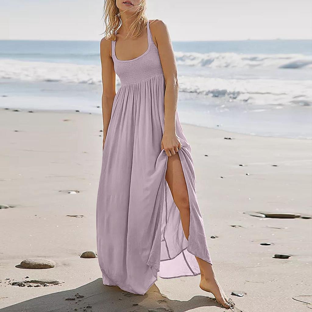 Женское летнее платье без рукавов, плиссированные повседневные платья макси с карманами