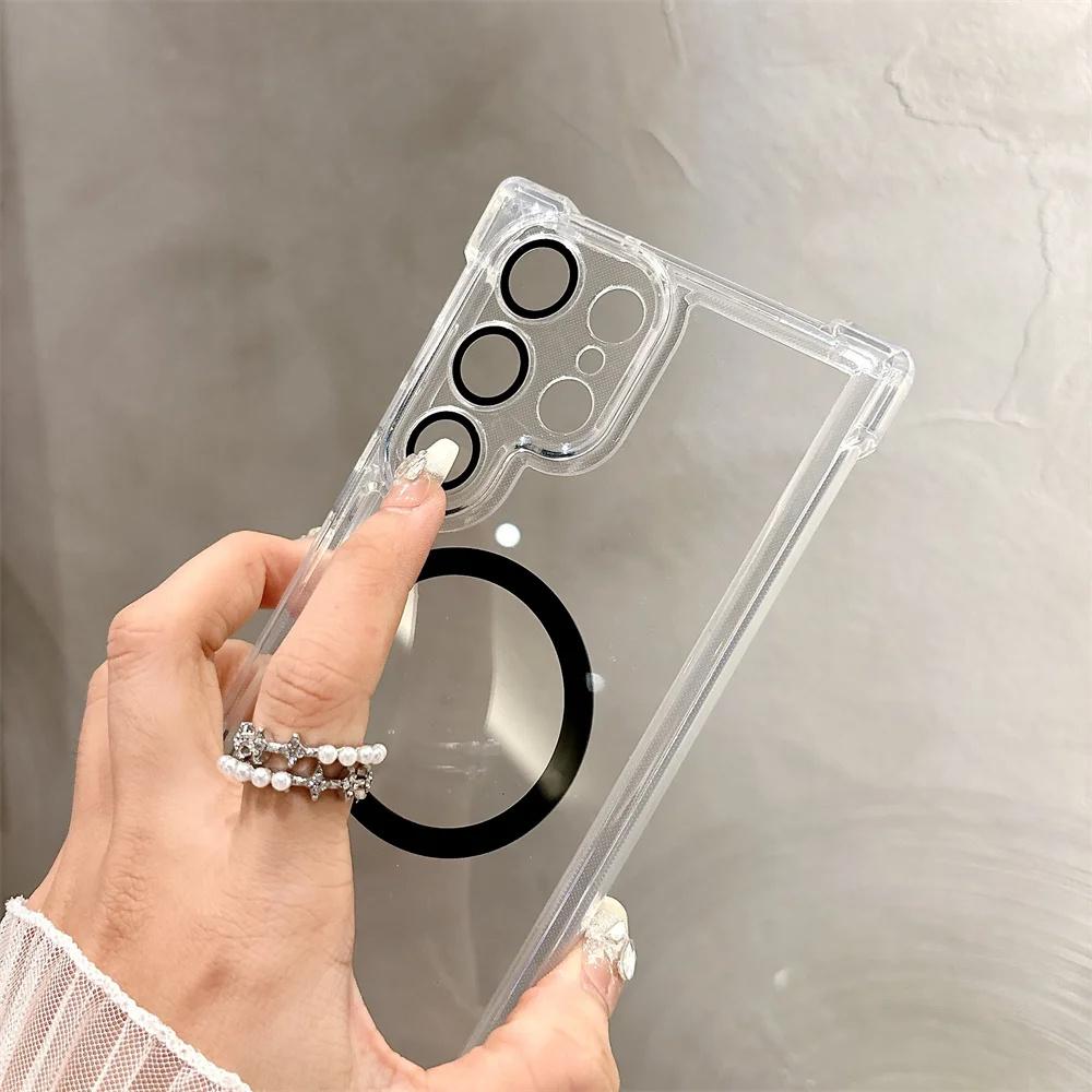 Для Magsafe Прозрачный Магнитный Чехол для Телефона Для Samsung Galaxy S25 S22 S23 S24 Ultra Plus Беспроводная Зарядка Чехол Прозрачный Чехол