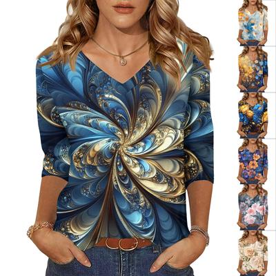 Женские топы, рубашка с рукавом три четверти, свободная повседневная рубашка с V-образным вырезом, футболка с цветочным принтом