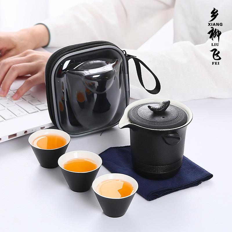 Black pottery travel tea set, one pot, three cups, outdoor car portable express cup business gift set can be printed