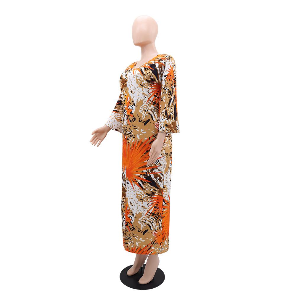 Women's Fashion Printed Dress Temperament Commuter Style V-Neck Long Sleeve Split Comfortable Dress Long Dress