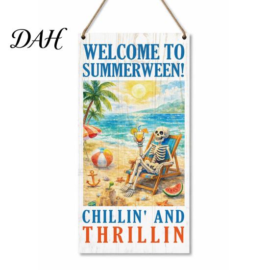 Porch Hanging Sign Summer Wooden Sign, Welcome Front Door Decor with Decorative Rope, Colorful Hanger for Seasonal Farmhouse Beach House Wall Art