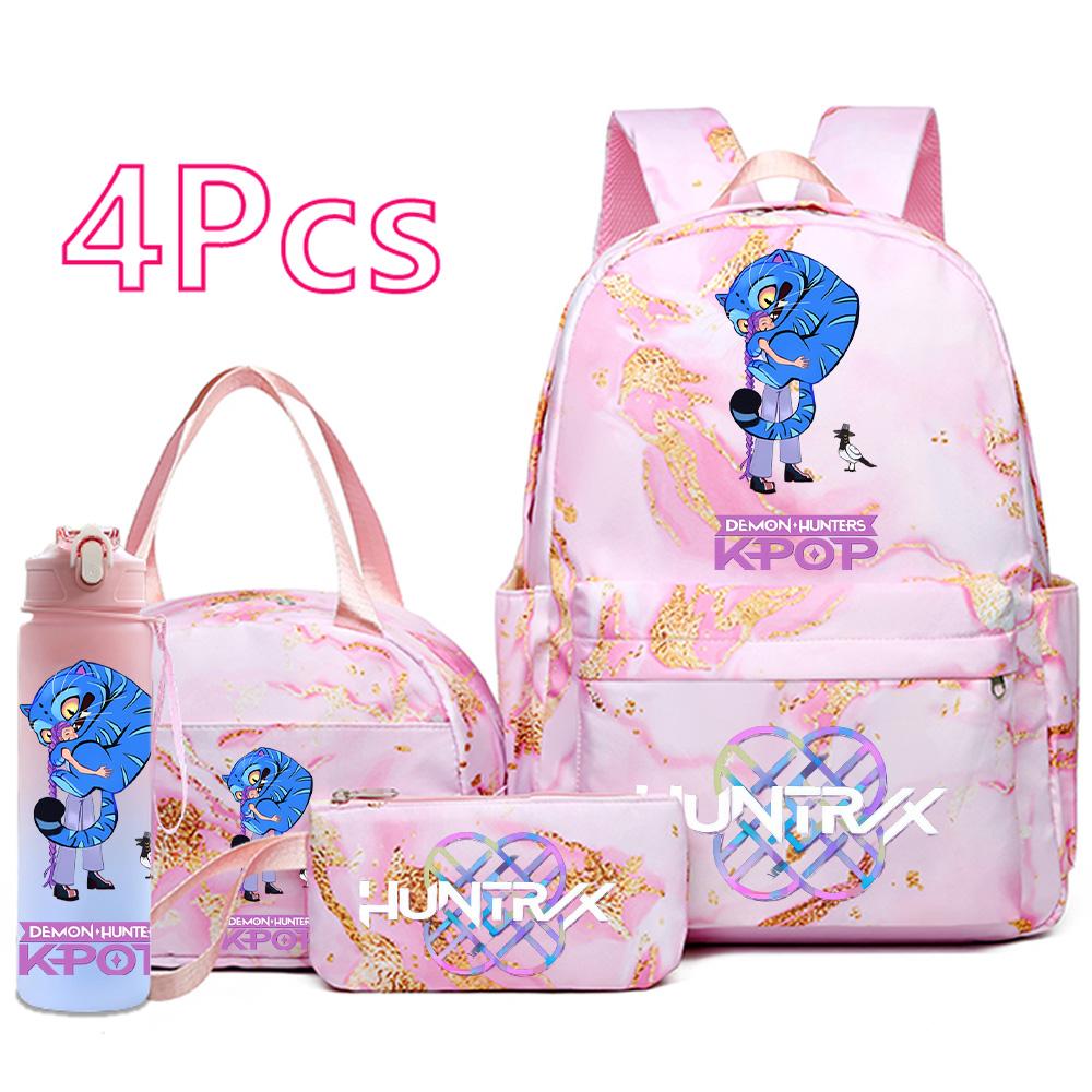 4Pcs/set Anime K-Pop Demon Hunters Printed Backpack Handbag Pencil Case 750Ml Water Bottler for Teenager Boy Girl Large Capacity Waterproof Schoolbag