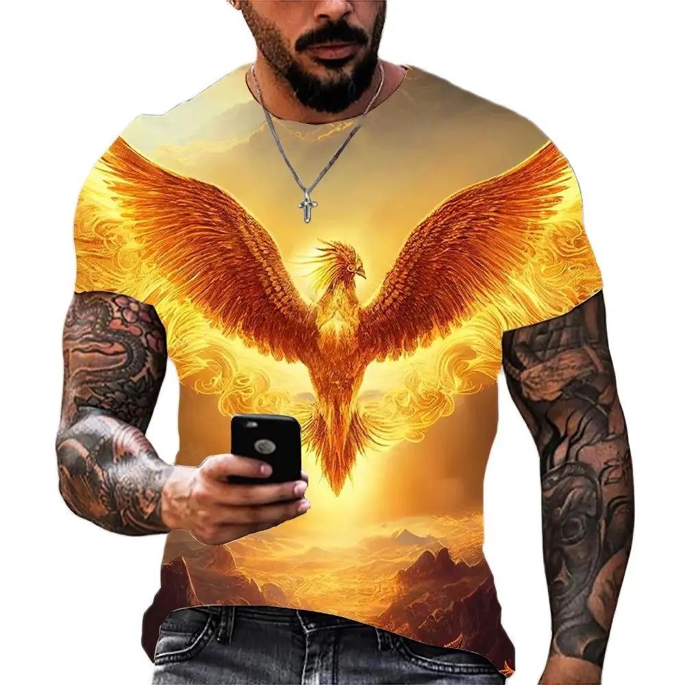 Anime Cartoon Phoenix 3d Printing Gorgeous and Cool Men's Summer Avant-garde Personality Round Neck Short-sleeved Casual T-shirt