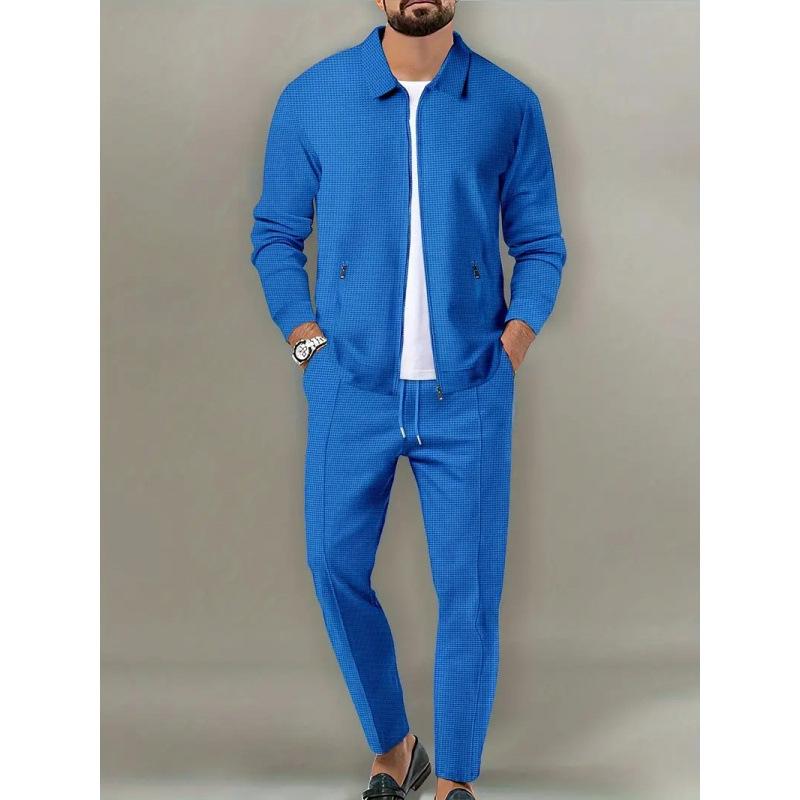Men's European Style Waffle Knit Casual Sports Suit with Long Sleeve Jacket
