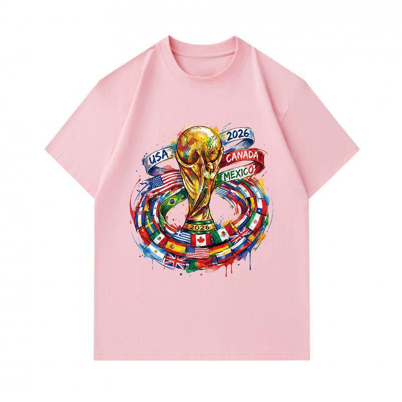 Men's 100% Cotton Crew Neck Short Sleeve T-Shirt, 2026 World Football Trophy Print Casual Tee with USA Canada Mexico National Flags Pattern for Soccer