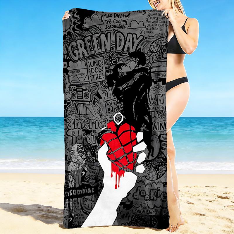 1Pc Green Day Punk Rock Poster Beach Towel, Quick Dry, Multi-Use for Beach Pool Gym Yoga Home Travel, Christmas, Halloween, Xmas Gift M92944