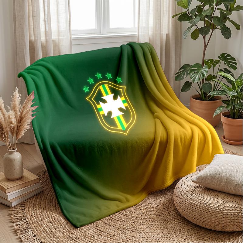 Brazil Football Printed Flannel Blanket Skin Friendly Warm Decorative Throw for Indoor Couch Bed Daily Use