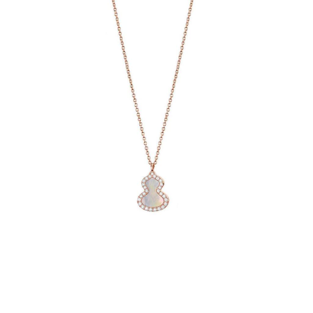 Elegant Women's 18K Rose Gold Gourd Necklace with Red Agate, Natural Jade, and Diamond Pendant.