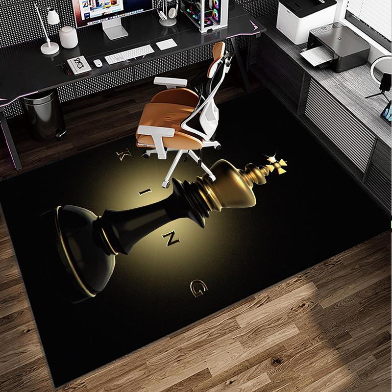 Golden Chess King On Black Office Rug Chair Mat, Game Carpet, Suitable for Front Door, Bedroom, Living Room, Desk, Holiday Gift