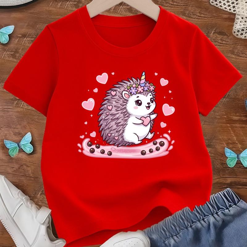 Kids Cute Hedgehog Cartoon Print Crewneck Short Sleeve Tee, Spring Summer Casual Kids Top, Ideal Gift