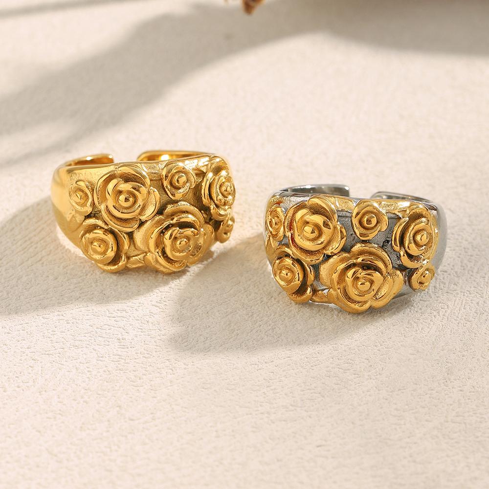 MamacitaSlay 316L Stainless Steel Double Color Multi Flower Open Ring Party Waterproof Jewelry Women's Gold Plated Ring Gift